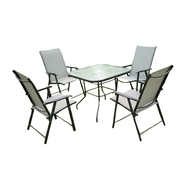 Set mobilier gradina masa+4 scaune pliabile Dalma Heinner, masa 80x80 cm, 4 scaune 58x55x95 cm, otel/textil, gri
