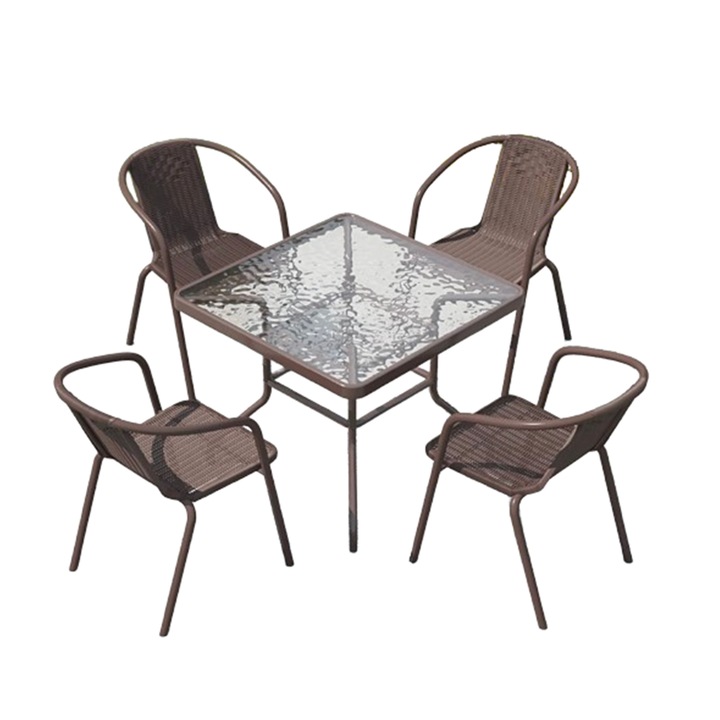 Set mobilier gradina masa+4 scaune Erzin Heinner, masa 80x80 cm, 4 scaune fixe 50x54x70 cm, otel/textil, maro