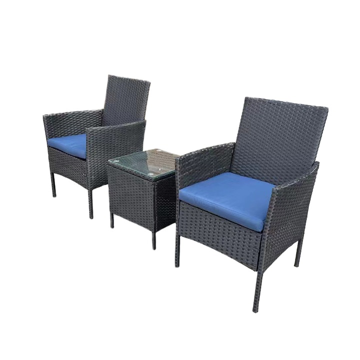 Heinner Prato Kerti bútor szett, 2 fotel + asztal , 2 fotel 62x58x85 cm, asztal 40x40x45 cm. antracit szürke/kék.