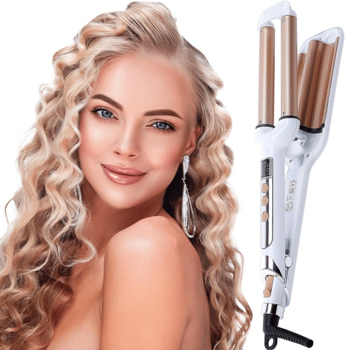 Aparat de coafat cu trei role cu display LCD, Alb/auriu