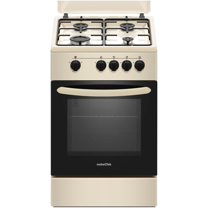 Готварска печка Nobeltek NLT 5551B/G1, Газ, 4 горелки, Безопасност за котлони и фурна, Оборудвана с дюзи за LPG, Резервни дюзи GN, 50 см, Бежов