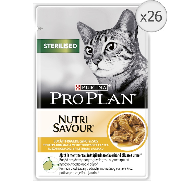 Hrana umeda pentru pisici Pro Plan Sterilised Nutrisavour, Pui in Sos, 26 x 85 g