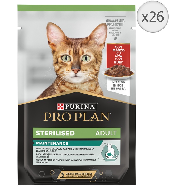 PRO PLAN® STERILISED MAINTENANCE Adult, cu Vita in sos, hrana umeda pentru pisici, 26 x 85 g