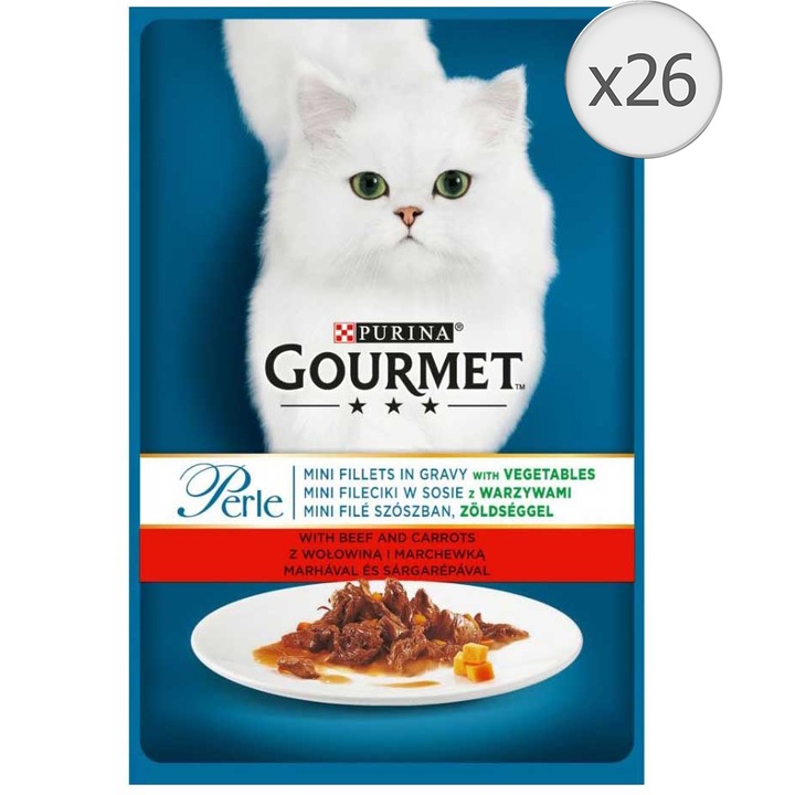 Hrana umeda pentru pisici Gourmet Perle, Mini Fileuri in Sos Vita si Morcovi, 26 x 85 g