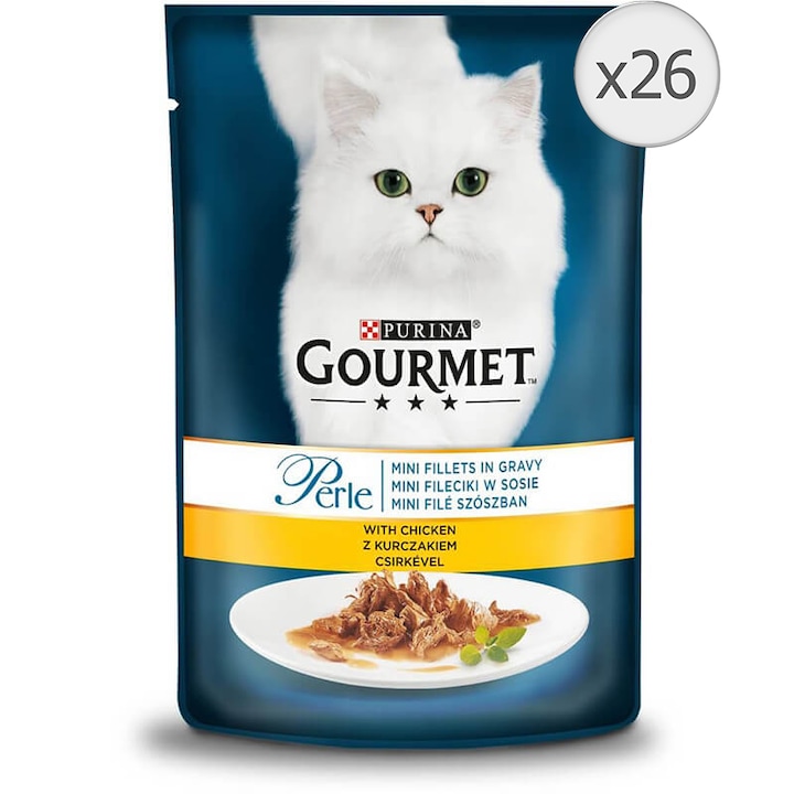 Hrana umeda pentru pisici Gourmet Perle, Mini Fileuri in Sos Pui, 26 x 85 g