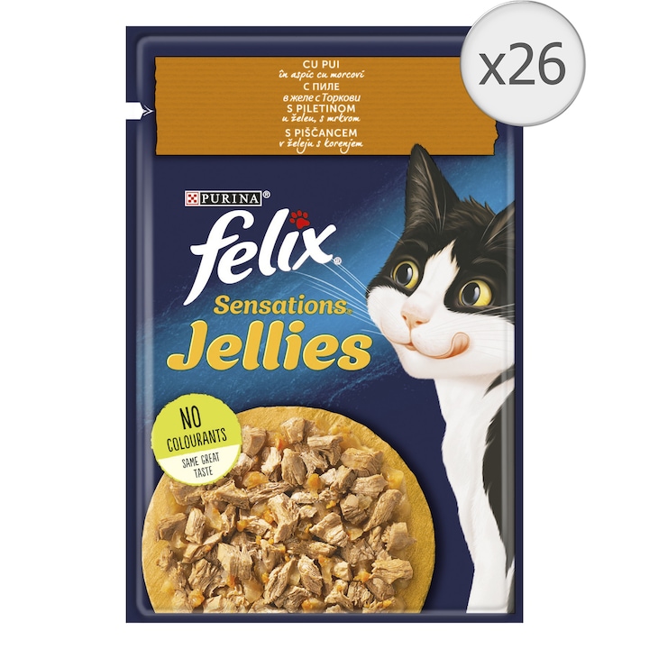 Hrana umeda pentru pisici Felix Sensations Pui cu Morcov in Aspic, 26 x 85 g