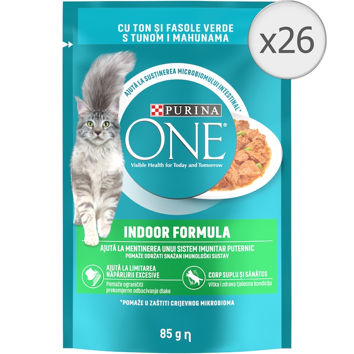 Hrana umeda pentru pisici Purina One Indoor, Mini Fileuri cu Ton & Fasole Verde, In Sos, 26 x 85 g