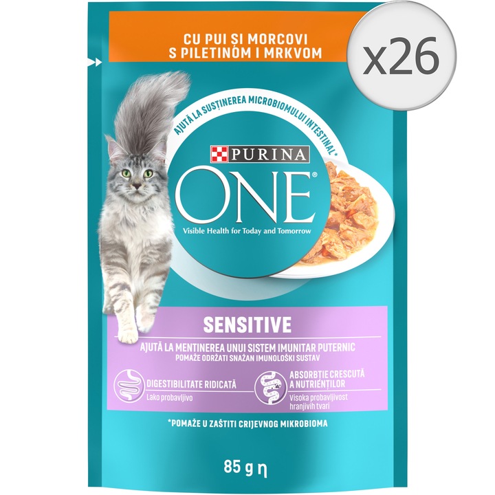 Hrana umeda pentru pisici Purina One Sensitive, Mini Fileuri In Sos, Pui si Morcov, 26 x 85 g