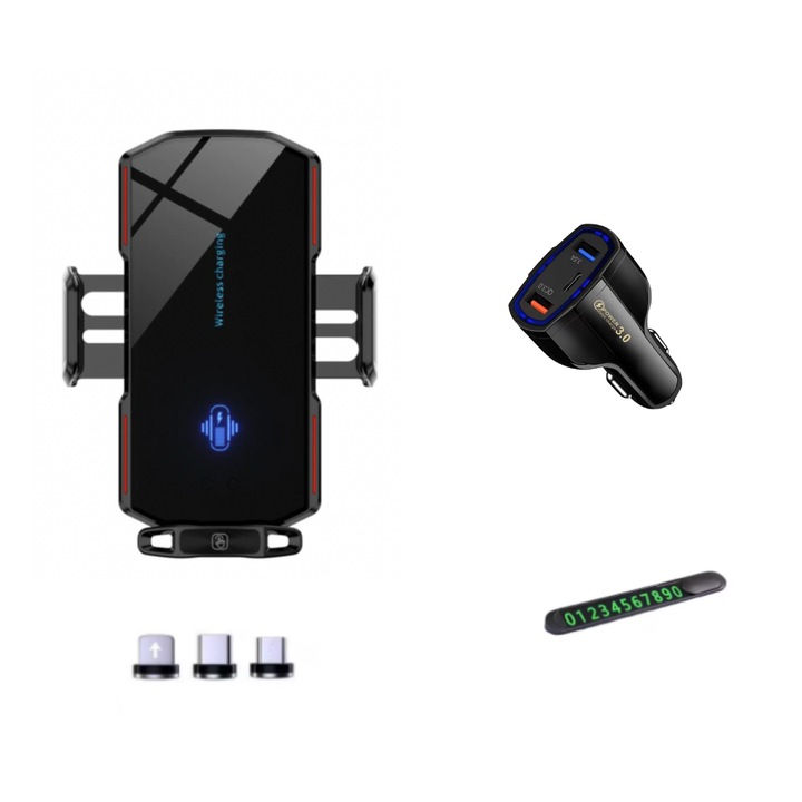 3 db-os készlet, autós tartó vezeték nélküli töltéssel 15W, intelligens érzékelő, QNDS-5S, univerzális, Samsung, iPhone, xiaomi