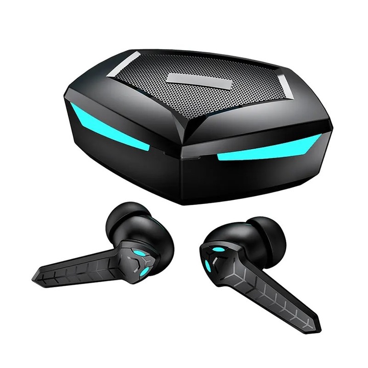 Casti wireless audio TWS gaming, Bluetooth 5.1, Control prin Atingere, fara fir, Afisare LED, Negru