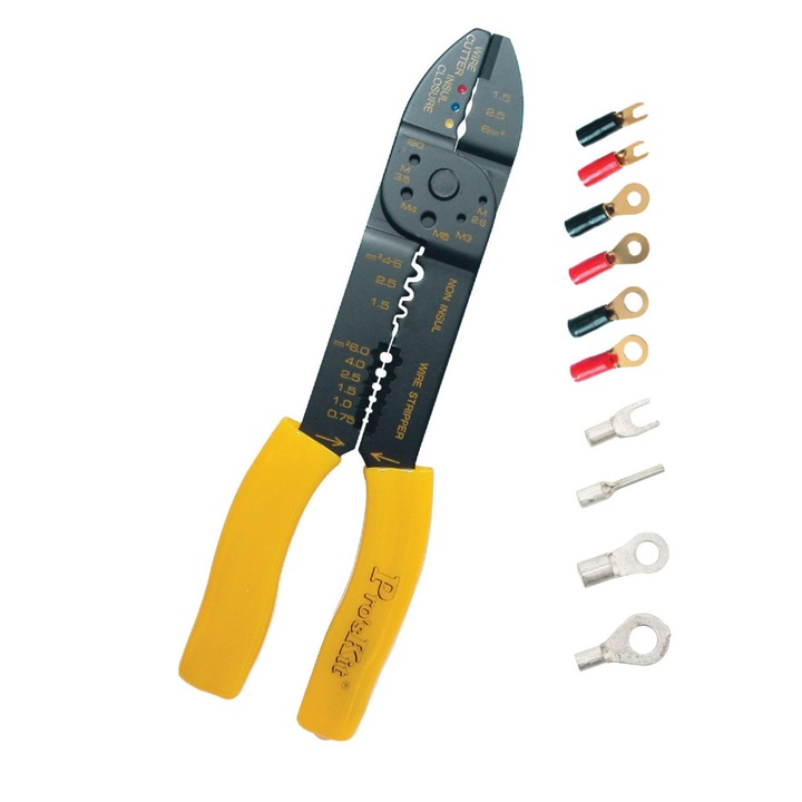 Cleste de dezis si sertizat Pro'skit 8PK-313B, 230 mm, pentru diferite dimensiuni, urechi izolate si neizolate