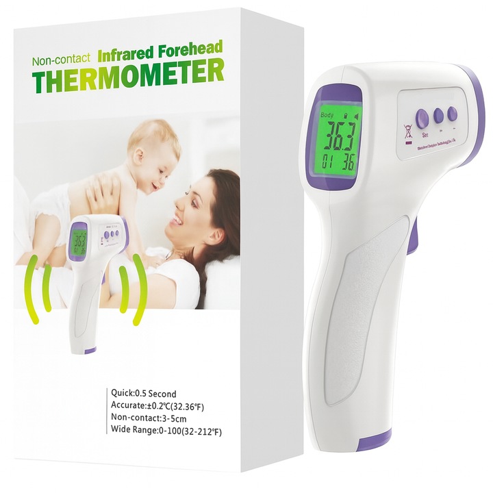 Termometru Digital Infrarosu Fara Contact 2 in 1, pentru Corp si Suprafete, Afisaj LCD, Alarma Febra, Memorie 32 Seturi