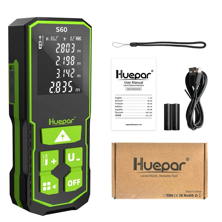 Лазерна ролетка Huepar S60, Обхват 100 метра, Памет, Презареждаща батерия