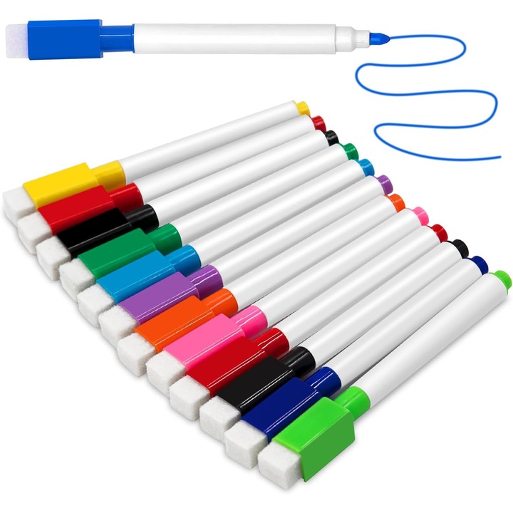 Комплект от 12 маркера idealSTORE за сухо изтриване с магнит, размери 11,5 x 1,2 см, слаба миризма, НЕТОКСИЧЕН, включва 6 цвята, син, жълт, червен, черен, розов и зелен, за стъкло, керамика, метал или Пластмаса
