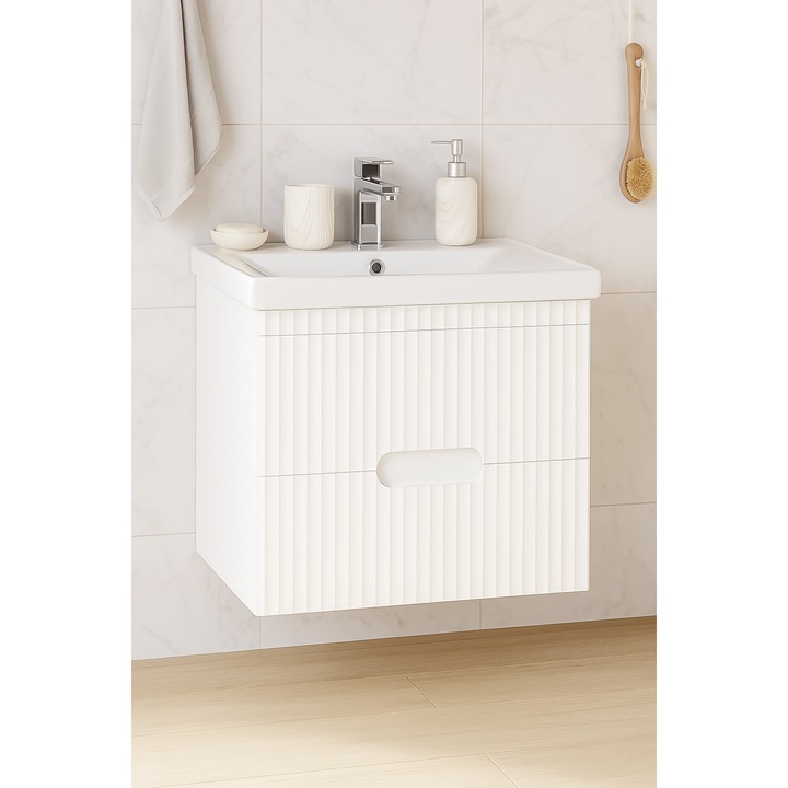 Set mobilier baza cu lavoar, seria 709, 60cm, suspendat cu sertare, Badenmob, alb