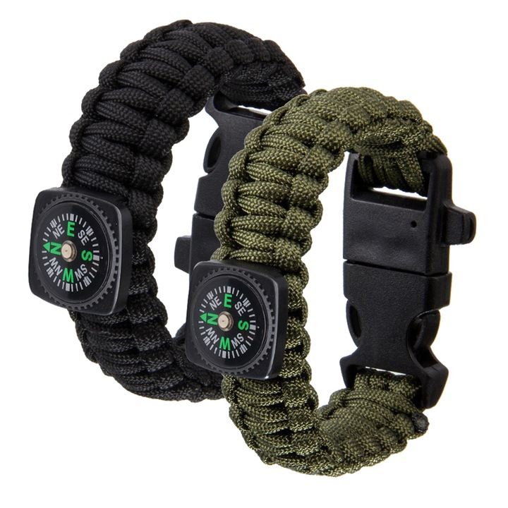 Set 2 Supravietuire tip Bratara, Yefound®, busola, fluier de urgenta, coarda, Verde/Negru