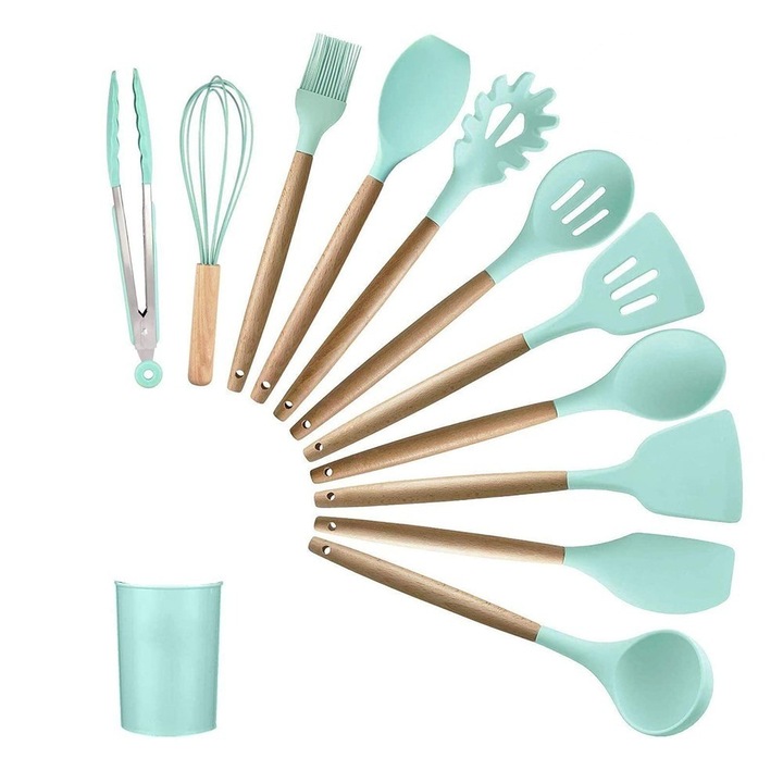 Set ustensile bucatarie 12 piese din Silicon cu lemn, Turcoaz, 30 cm, 500COF