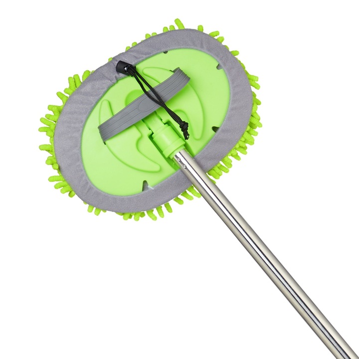 Perie pentru spalat auto 2 in 1, cu maner telescopic, lungime reglabila 82-160 cm, cap rotativ 180°, din otel inoxidabil si microfibra, pentru curatat interior si exterior, verde/argintiu