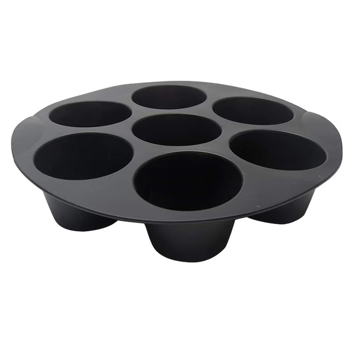 Forma pentru copt rotunda pentru Airfryer, 7 briose, din silicon flexibil negru 18 cm ABYZ®™