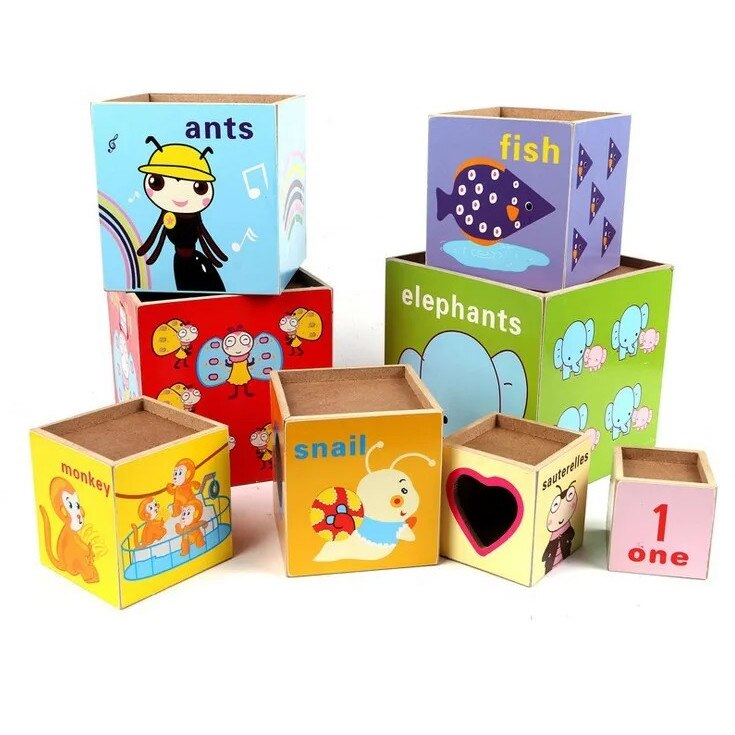 Turn Montessori din lemn cu 8 cuburi, cifre, animale, forme geometrice ...