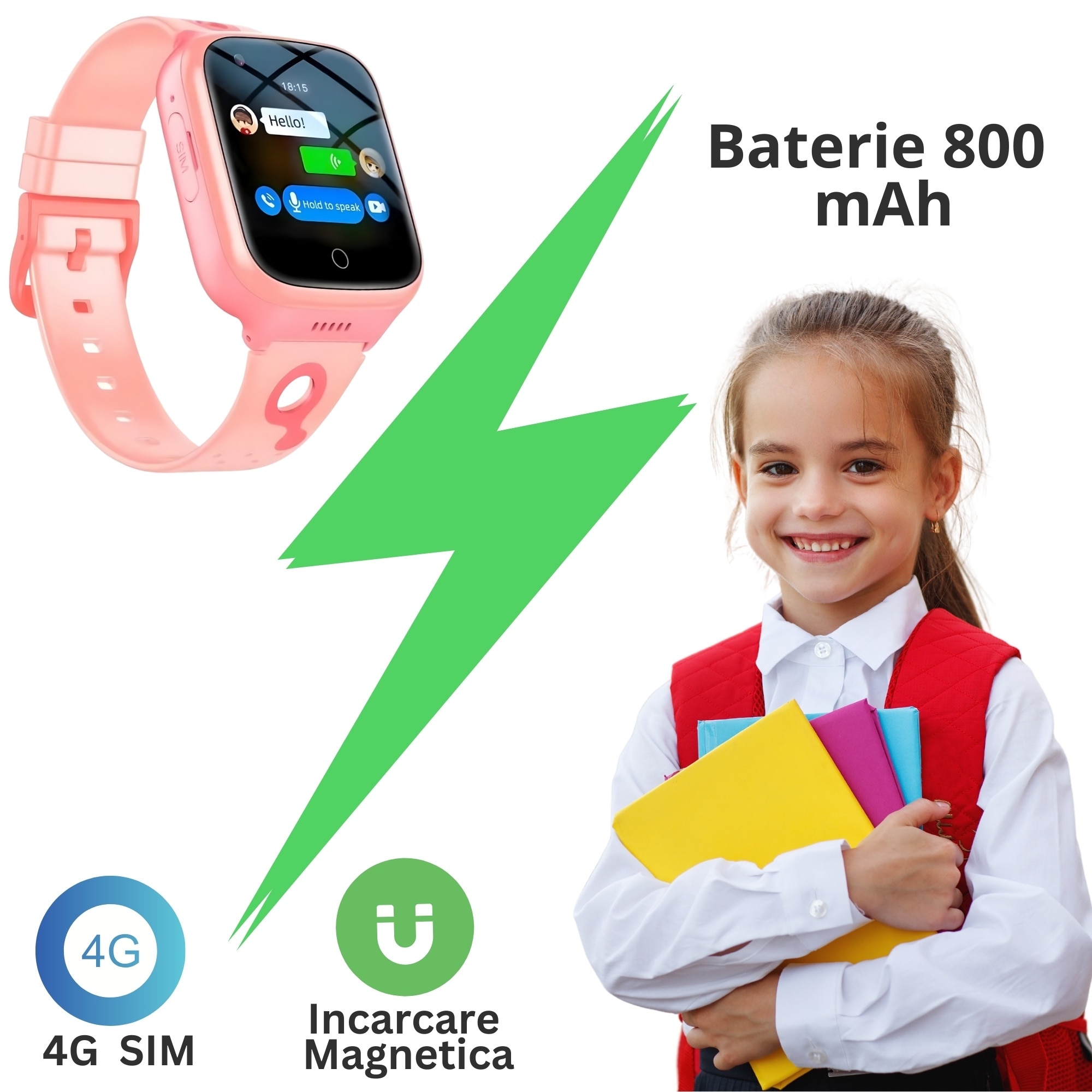 Ceas Smartwatch Copii, KidLife TechGS®, 4G cu GPS, Manual in Limba