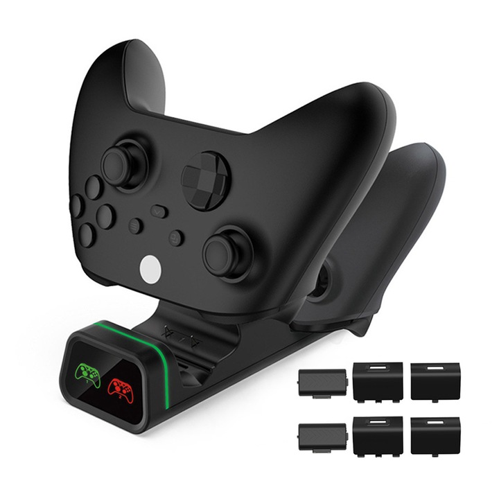 Set statie dubla de incarcare / 2 Baterii reincarcabile, NAXSIR, Compatibilitate Xbox One, Xbox Seriile S / X, Cu indicator LED display, 800 mAh, Negru