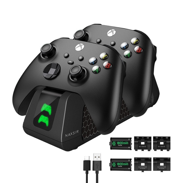 Set statie dubla de incarcare / 2 Baterii reincarcabile, NAXSIR, Compatibilitate Xbox One, Xbox Seriile S / X, 1800 mAh, Negru