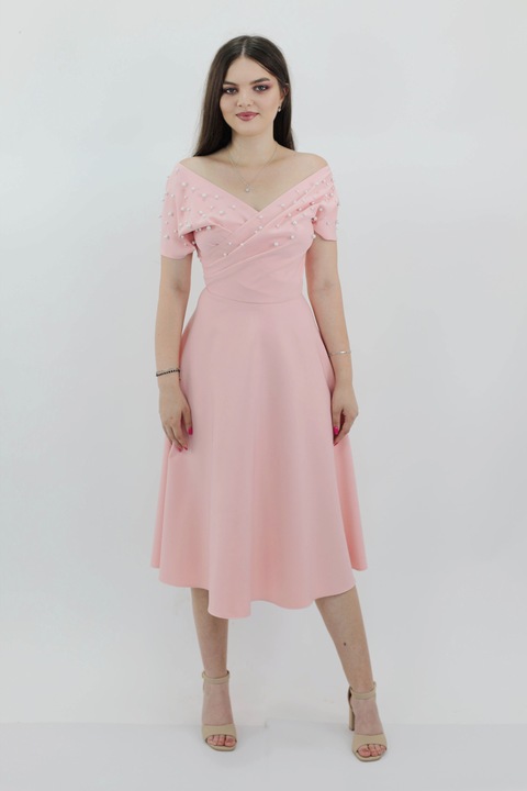 Midi ruha krepp és gyöngy NADIA, Világos rózsaszín