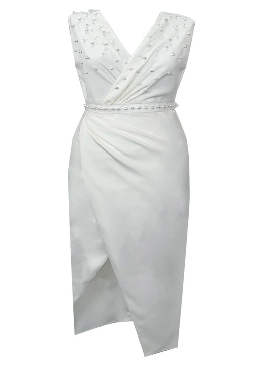 Rochia midi petrecută din crep cu perle FATIMA, Alb