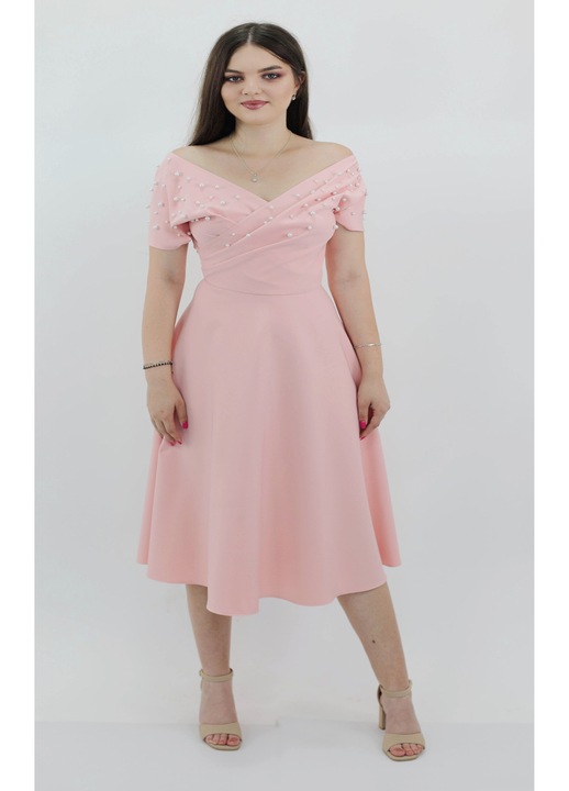 Rochie midi din crep și perle NADIA, Roz deschis