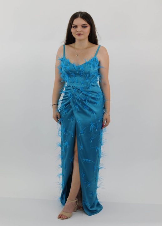 Rochia lunga cu pene EZRA, Turcoaz