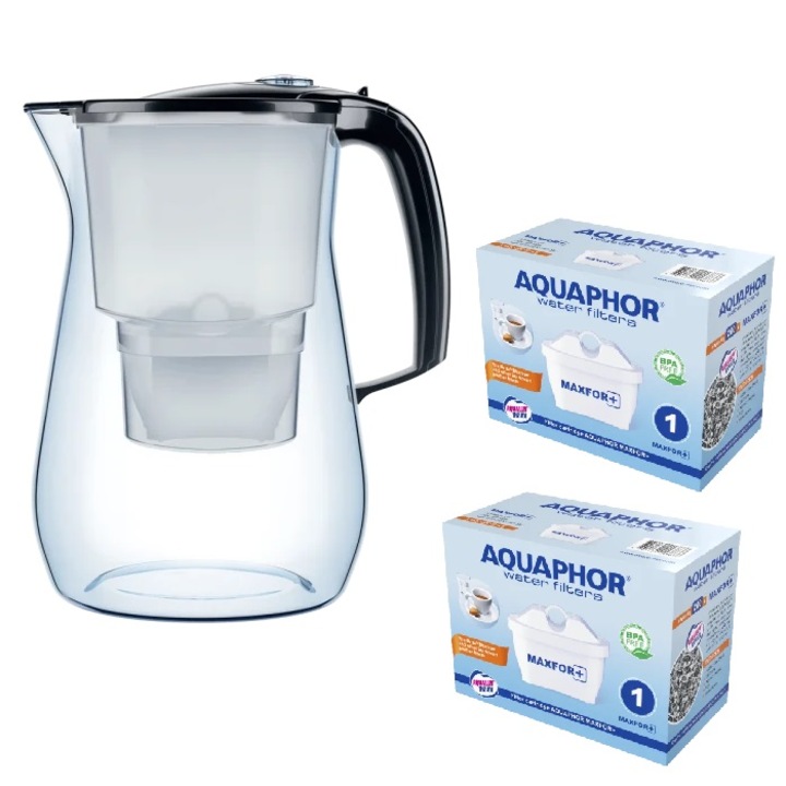 Кана за филтриране на вода Aquaphor, Модел Оникс, с 2 филтъра, Черен