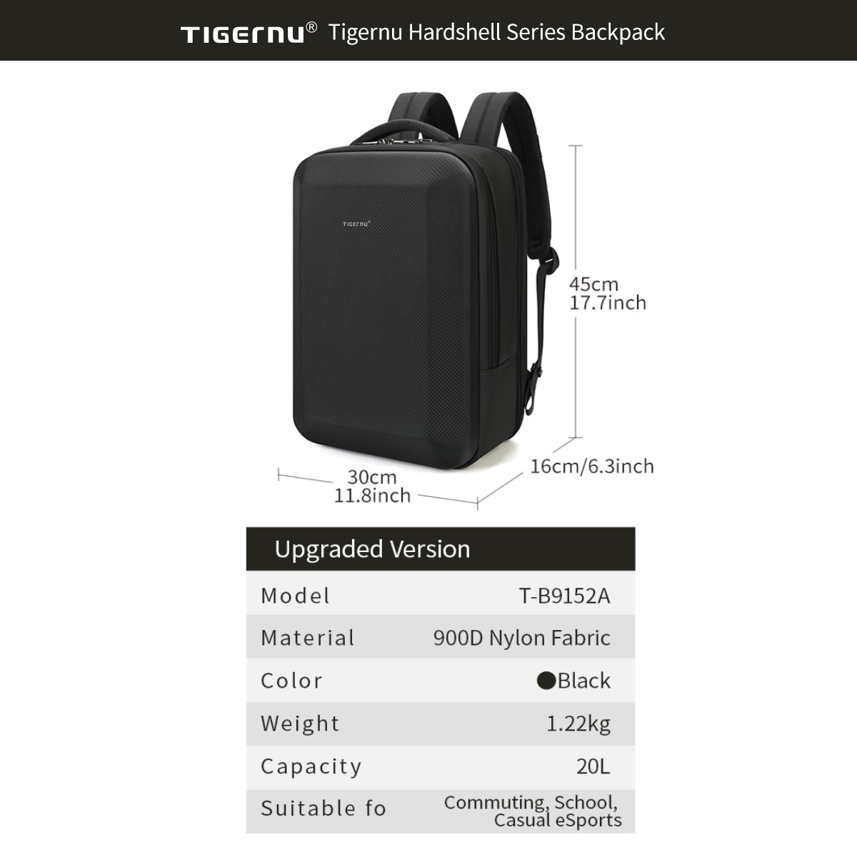 Rucsac laptop 15.6" business casual cu carcasa rigida din material impermeabil, TIGERNU, 30x16x45 cm, Negru