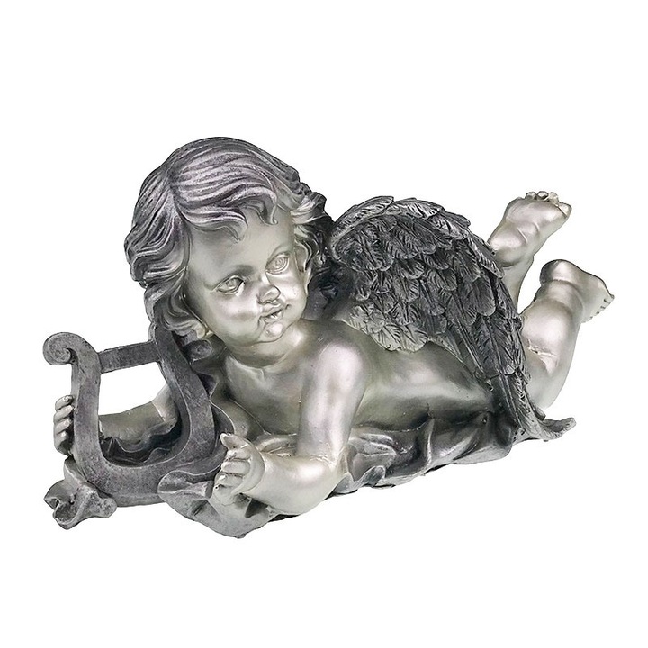 Angyal dekoratív figura, hárfával, szürke, 39 cm, 1355H