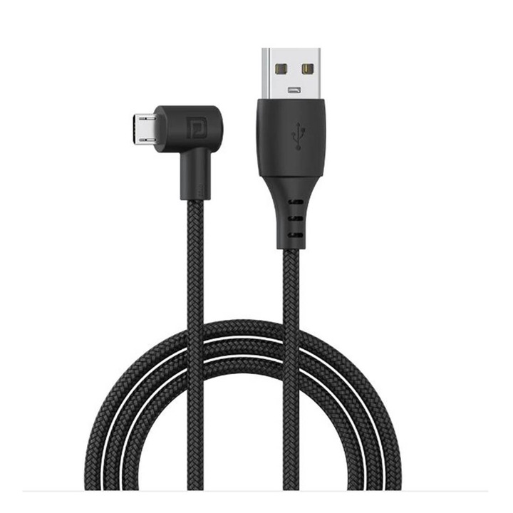 Cablu, incarcare rapida, textil, unghiular, negru, USB-A(m), MICRO USB(m), 3m