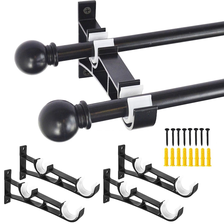 Set 4 suporturi pentru tija de perdea, Axroad Mall, Design cu gauri duble, Greutate suportata 15 kg, Cu suruburi, Prevenirea ruginii, Pentru camera de zi, bucatarie si birou, Aliaj aluminiu/Plastic, 19.5cmx9cm, Negru