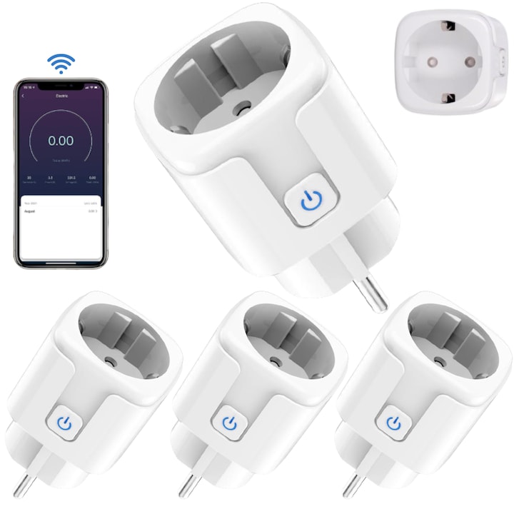 Set 4 Priza Smart, VisionHub®, cu contorizare si monitorizare consum energie, control Aplicatie tuya Smart Life, Suport pentru Alexa, Google HomeTimer, Protectie incarcare, Alb