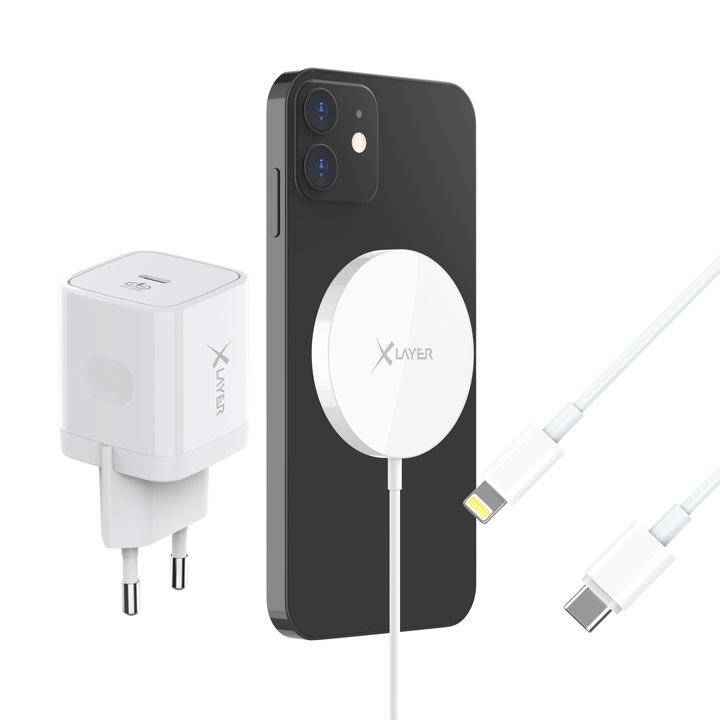Kit de incarcare wireless 15W XLayer MagFix Pro pentru cu Apple iPhone, compatibil MagSafe, certificare MFI, white