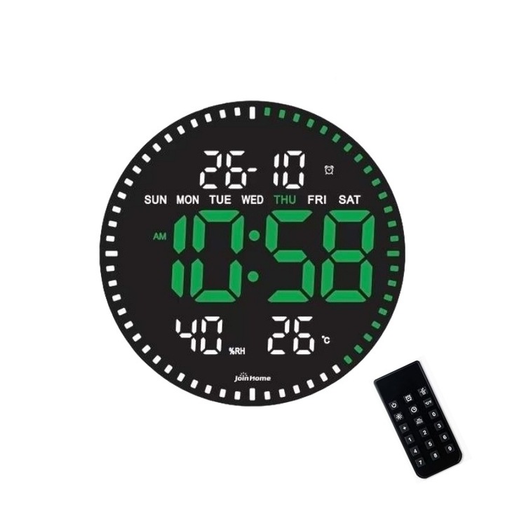 Цифров стенен часовник със зелена LED светлина, вторичен, календар, температура, термометър, хронометър, дистанционно управление, дисплей за влажност, 28 см
