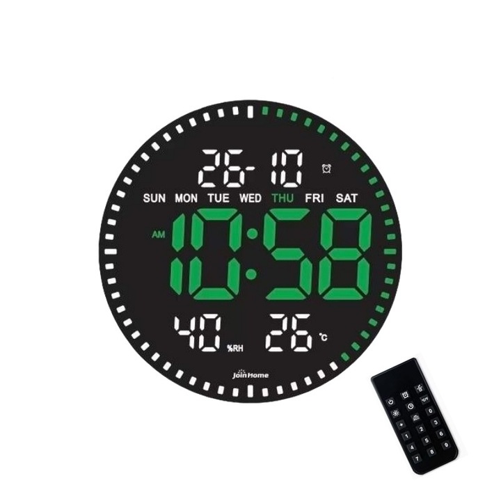 Ceas Digital de Perete 28cm cu LED Verde – Afisare Calendar, Temperatura, Umiditate, Cronometru si Telecomanda pentru Birou si Casa
