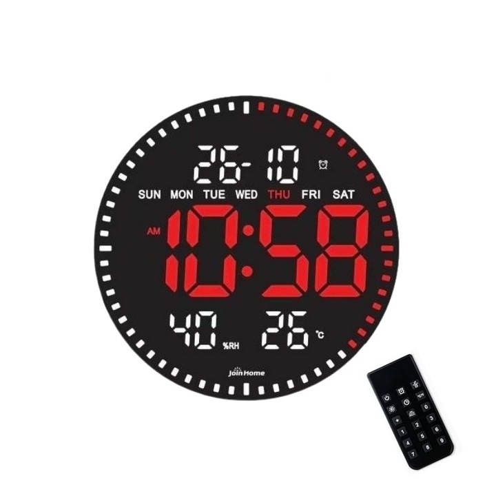 Цифров стенен часовник с червена светодиодна светлина, вторичен, календар, температура, термометър, хронометър, дистанционно управление, дисплей за влажност, 28 см