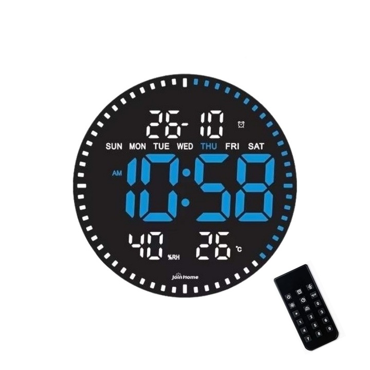 Цифров стенен часовник със синя LED светлина, вторичен, календар, температура, термометър, хронометър, дистанционно управление, дисплей за влажност, 28 см