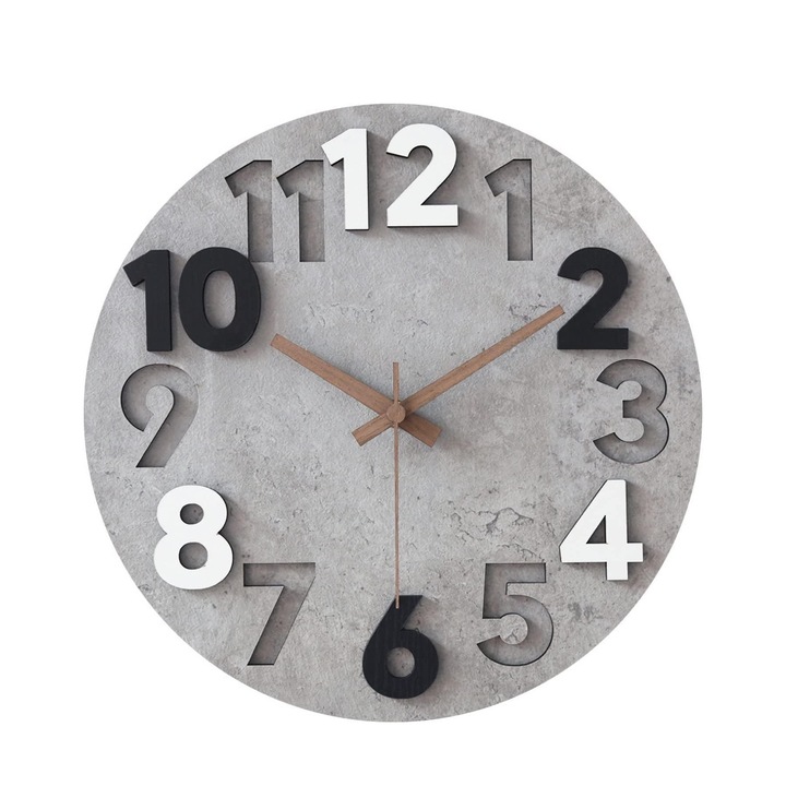 Ceas decorativ perete silentios, 30 cm, din lemn, Potrivit pentru camera de zi, dormitor, bucatarie, birou, modern, Gri si Negru