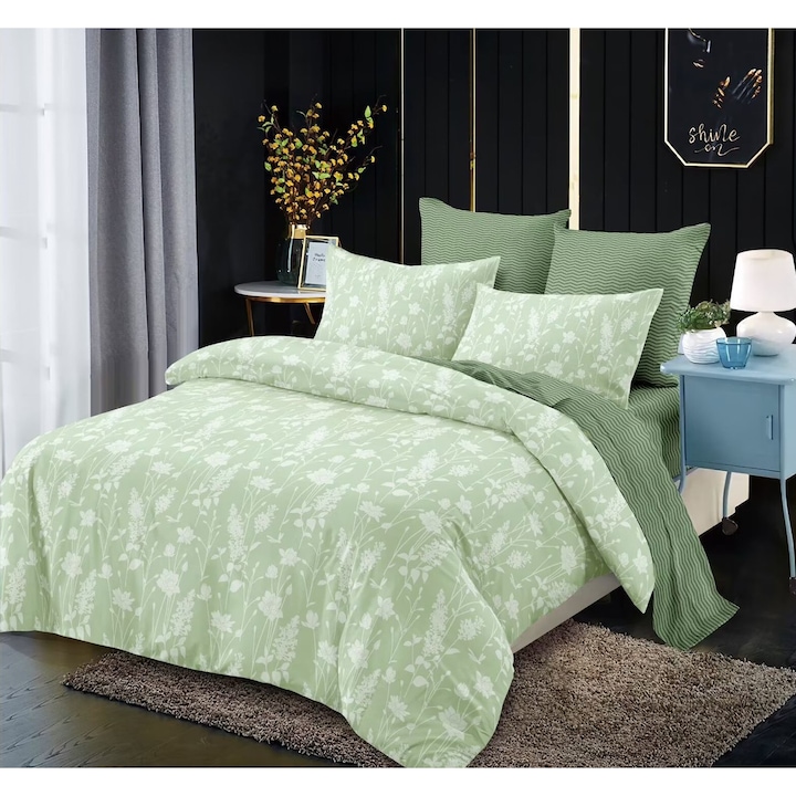 Lenjerie de pat cu elastic, Finet, 6 piese, imprimeu Ramuri Inflorite, 180x200cm, Multicolor / Verde