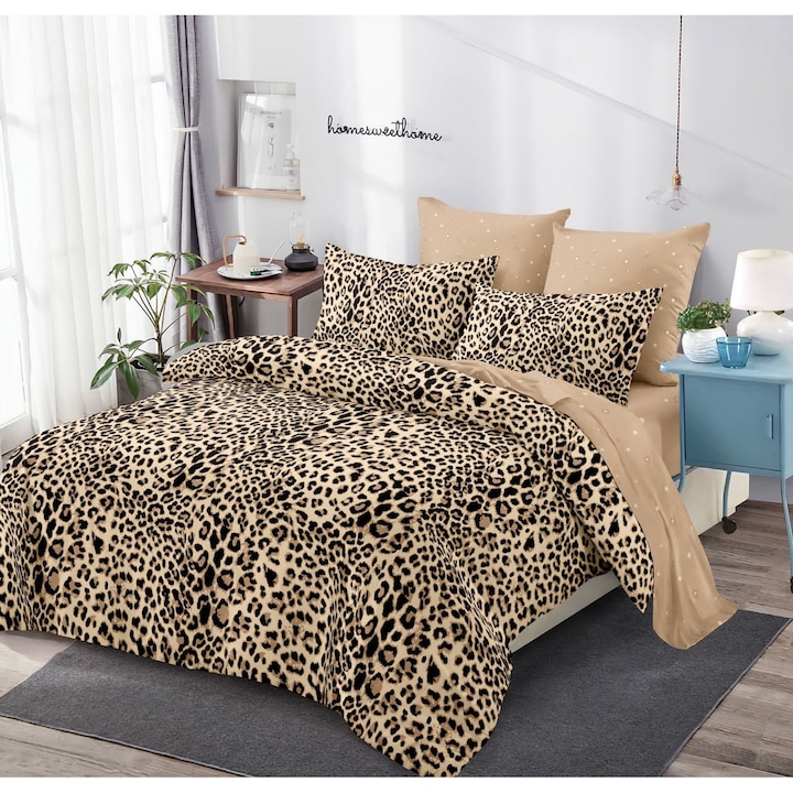 Lenjerie de pat din cauciuc fin, 6 bucati, design piele de leopard, 180 x 200 cm, multicolor