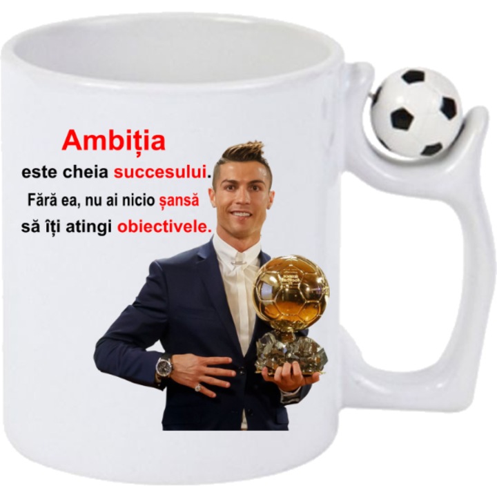 Cana ceramica cu maner fotbal antistres alba ' Cristiano Ronaldo ' cu citat despre AMBITIE, CadoulTauPreferat, 350 ml