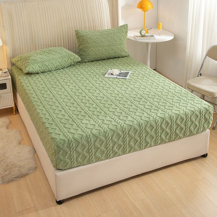 Husa de pat Cocolino si 2 fete de perna, Tricot, Uni, 3 piese, 2 persoane, 180x200cm, Verde