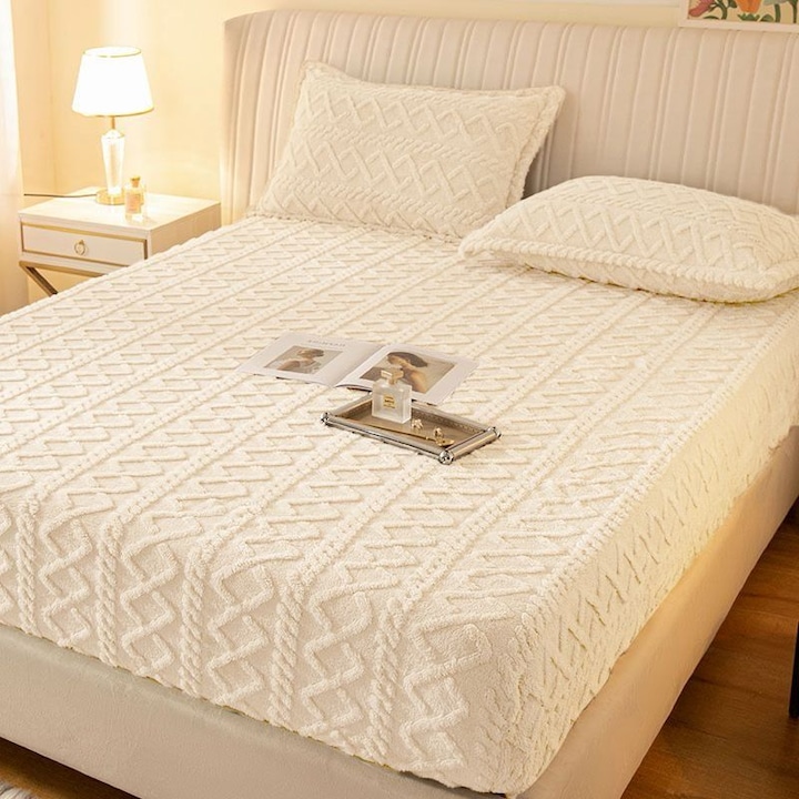 Husa de pat Cocolino si 2 fete de perna, Tricot, Uni, 3 piese, 2 persoane, 180x200cm, Crem