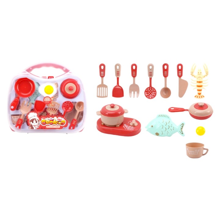 Set de gatit pentru copii, 15 ustensile de bucatarie rezistente si portabile, material din plastic, culoare rosu, dimensiune 30 x 27 x 7, 9 cm