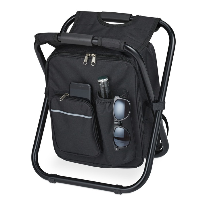 Scaun de camping cu geanta integrata, bretele de transport tip rucsac, pliabil, portabil, usor, din metal si poliester, negru, 43 x 35 x 29 cm